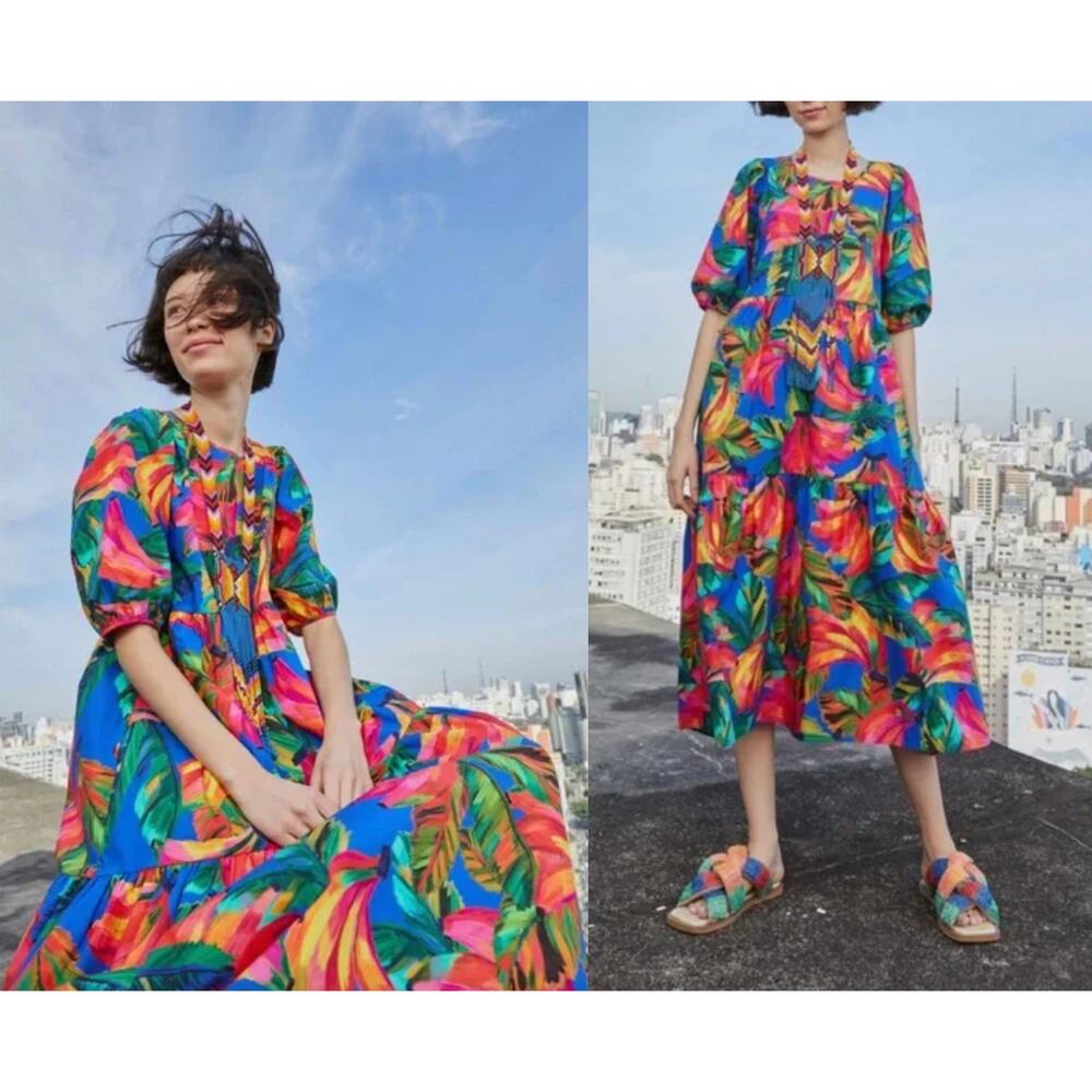 Farm Rio | Banana Mix Cross Stitch Midi Dress | Tropical Print |  Sz XS